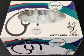 An open box of Stethocap stethoscope covers with an opening removed from the top of the box with disposable covers loosely filling the box