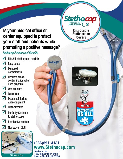 A flyer for Stethocap disposable product with the bullet points. -fits all stethoscope models -easy to use -dispose in normal trash - reduces cross contamination when used properly - one time use- latex free - does not interfere with equipment - cost effective - perfectly contours to stethoscope - non woven cloth there is also a picture of a torso with a stethoscope and a hand holding the bell of the stethoscope with a stethocap on it. there is also a An open box of Stethocap stethoscope covers with an opening removed from the top of the box with disposable covers loosely filling the box. also pictured is the Stethocap Mascot Stethy who is a stethoscope  with gym shoes and a face inside the ends that fit into your ears and floating hands with the caption Protecting us all.
